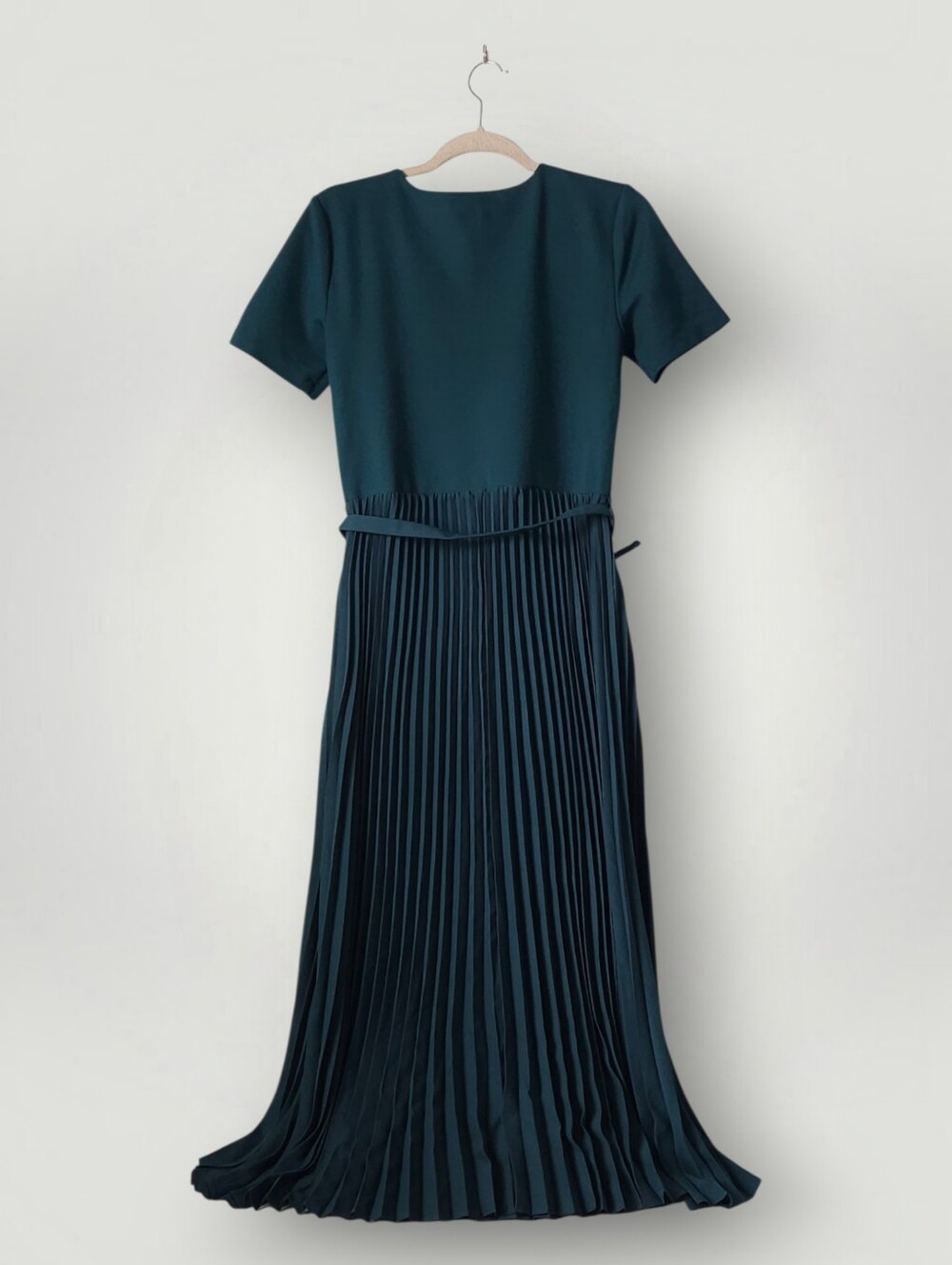 Ann Taylor Pleated Belted Maxi Dress 8 Teal Short Sleeve Dark Academia Workwear - Picture 3 of 9